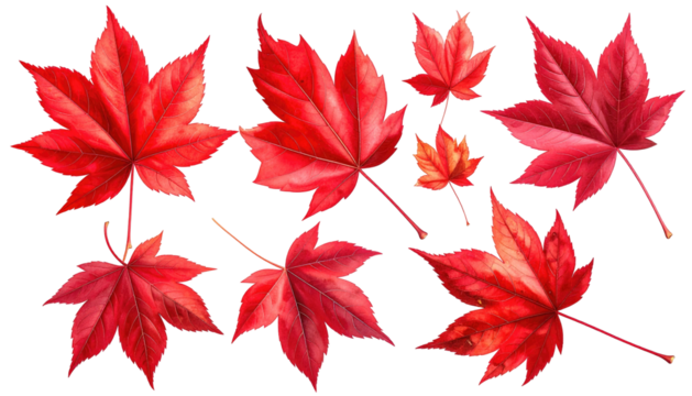 Multiple vibrant, saturated red maple leaves of different sizes on a transparent background. Rich detail and texture present