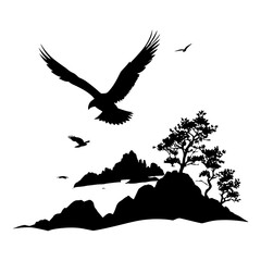 Eagle silhouette flying over mountain landscape vector illustration