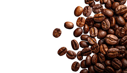 Obraz premium Roasted coffee beans, rich brown hues, clustered on the right against a stark black background. Close-up