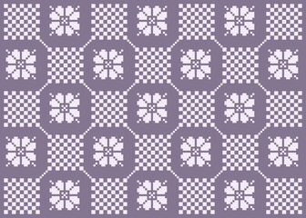 Pixel art, floral pattern in lilac and white. Retro, geometric, checkerboard background with flower motifs. Ideal for textile, wallpaper, background, card, textile pattern or digital design.	