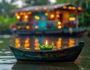 Floating candle on a small boat, canal with houseboats