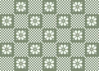 Pixel art floral pattern in green and white. Retro, geometric, checkerboard background with flower motifs. Ideal for textile, wallpaper, background, card, textile pattern or digital design.	
