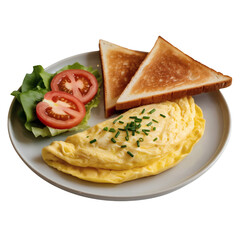 A breakfast plate with tomato on a white ceramic plate on transparent background
