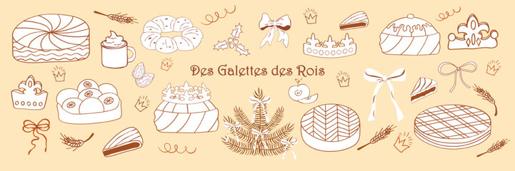 Hand drawn set of elements of Galette des Rois pastries, crowns, festive elements in line sketch style. Whimsical decor for bakery packaging, holiday menus, invitations, Epiphany celebration designs