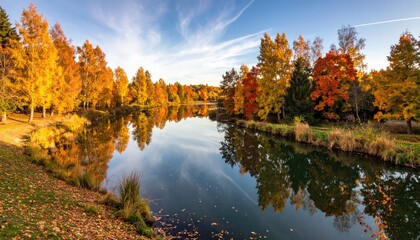 Autumnal park pond reflecting colorful trees