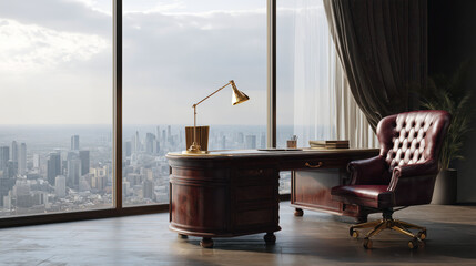 Obraz premium Luxury office interior with elegant desk and chair near panoramic window overlooking city skyline, success, business and leadership concept