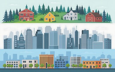 Three distinct cityscapes showing rural suburban and modern urban environments