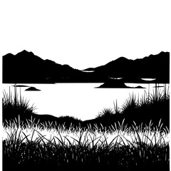 Black and white landscape nature scene with mountains lake and grass art silhouette