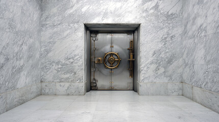 Closed metal vault door in marble hallway, symbol of wealth, protection, trust and financial security concept