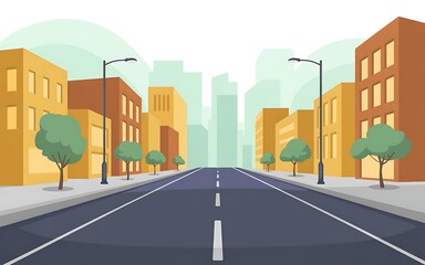 Straight city street lined with buildings and trees leading to distant skyline