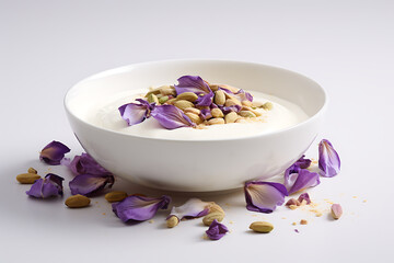 Creamy yogurt bowl garnished with fresh purple flowers and nuts for a vibrant healthy treat, a modern cuisine concept