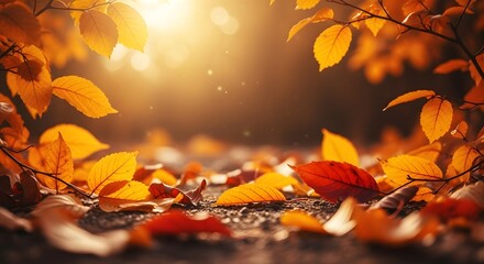 A serene autumn ground covered with colorful fallen leaves under the soft, magical glow of golden sunlight