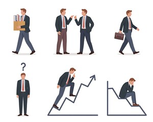 Businessmen in various scenarios showing success failure and decision making