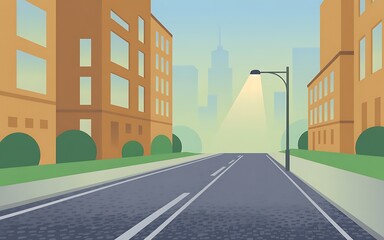 Empty street with buildings and streetlight at dawn or dusk