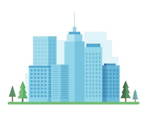 Modern cityscape with tall blue buildings and green trees