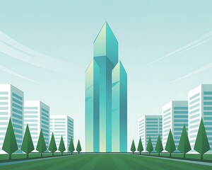 Modern city skyline with tall glass skyscrapers and green trees