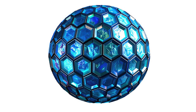 Gleaming sphere of blue hexagonal crystals, reflecting light with depth and texture on a black background