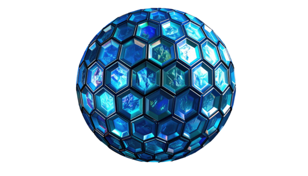 Gleaming sphere of blue hexagonal crystals, reflecting light with depth and texture on a black background