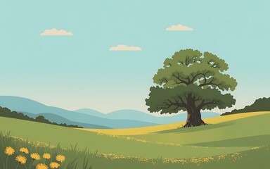 Idyllic countryside landscape with a large oak tree and rolling hills