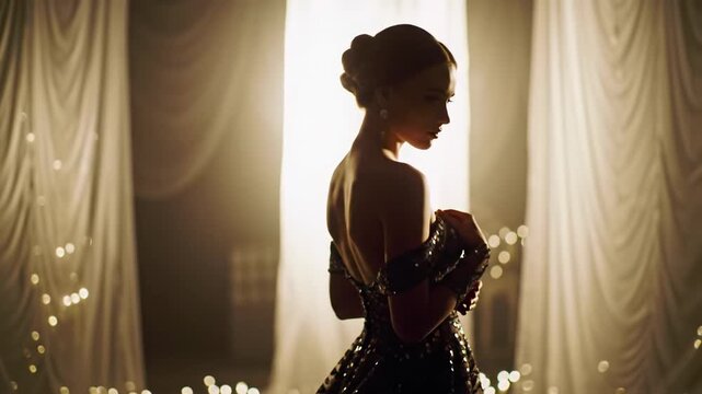 young caucasian woman in sequined gown elegantly adjusts dress by a window, bathed in soft golden hour light, with bokeh. concept of refined tranquility and anticipation
