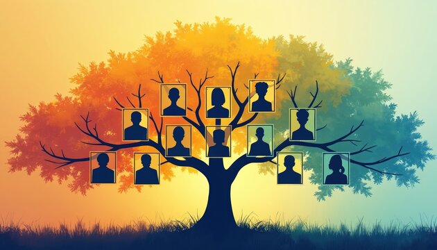 Illustration of family tree with photos in frames. Concept of genealogy ancestry or family history is represented. Artistic design in silhouette. Genealogy or family history theme concept.