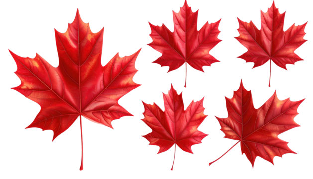 Collection of crimson maple leaves against a black background, showing variations in size and shape