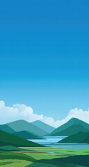 Serene landscape with a tranquil lake nestled amidst rolling green hills under a clear blue sky