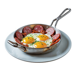 A metal pan containing three eggs with bright yellow yolks on transparent background
