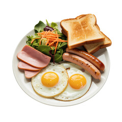 A breakfast plate on a white ceramic plate on transparent background