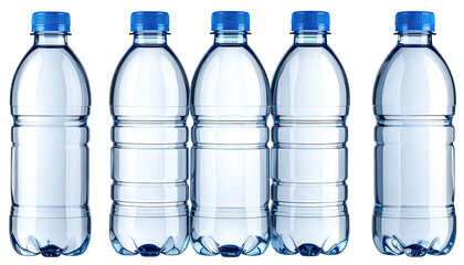 Five clear plastic water bottles, blue caps, clean crisp image