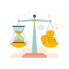 Hourglass and coins balanced on a scale representing time and money
