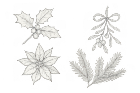 Holly, mistletoe, poinsettia, and pine branch elements drawn on transparent background, celebrating winter holidays