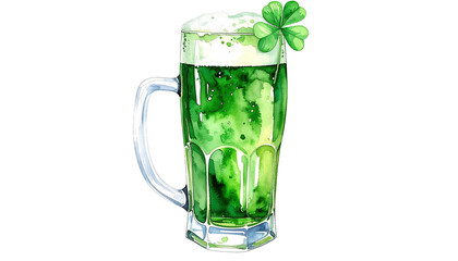 Green beer in a mug topped with a shamrock illustration