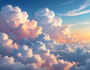 Fluffy clouds illuminated by the warm glow of sunrise and sunset