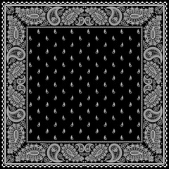 Bandana paisley square ethnic floral hand drawn pattern.Ornament classic vintage vector elements white on black background.Design for scarf,headscarf,kerchief,hijab,tablecloth,print fabric,decoration.