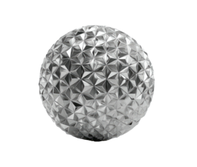 Faceted silver sphere with a complex triangular pattern, set against a pure black background