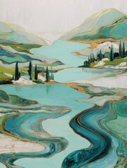 Serene landscape with teal river winding through hills