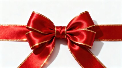 Red satin ribbon with gold trim tied into a bow on a white background
