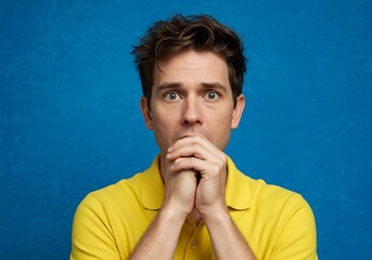 Worried young man biting her fingernail, she know the secret over blue background, dresses in yellow shirt, worried or anxious man in isolation