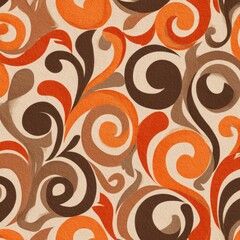 Abstract swirling floral pattern in orange and brown on beige