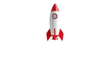 Glossy red-and-white cartoon rocket against a black background