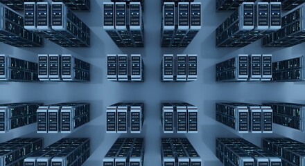 Symmetrical pattern of server computer equipment in a dark blue-toned data center with a futuristic ambiance.