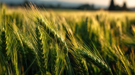 Golden hour illuminates a field of unripe wheat, gently swaying in the breeze