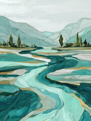 Serene teal river meanders through pale mountains