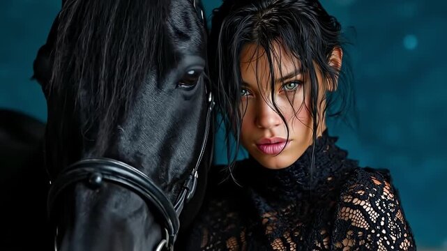A woman with a black horse in front of her face