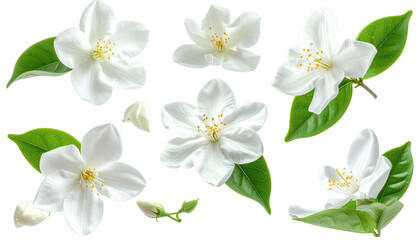 White blossoms with green leaves against a dark backdrop