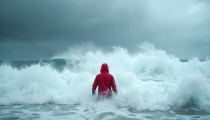 Red hooded person stands in powerful stormy sea waves. Person faces giant ocean surf under dark cloudy sky. Extreme weather, nature force, challenge resilience, solitude.