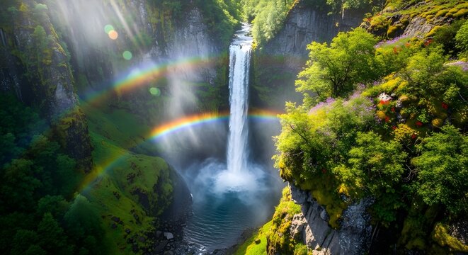 Aerial view of a majestic waterfall cascading into a serene pool surrounded by lush greenery and a vibrant rainbow in a misty, sunlit forest