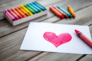 Naklejka premium Red crayon drawing of a heart on white paper with scattered crayons image
