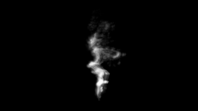 Hot coffee cup releasing steam with white smoke motion isolated on dark background, White smoke  animation isolated on black background